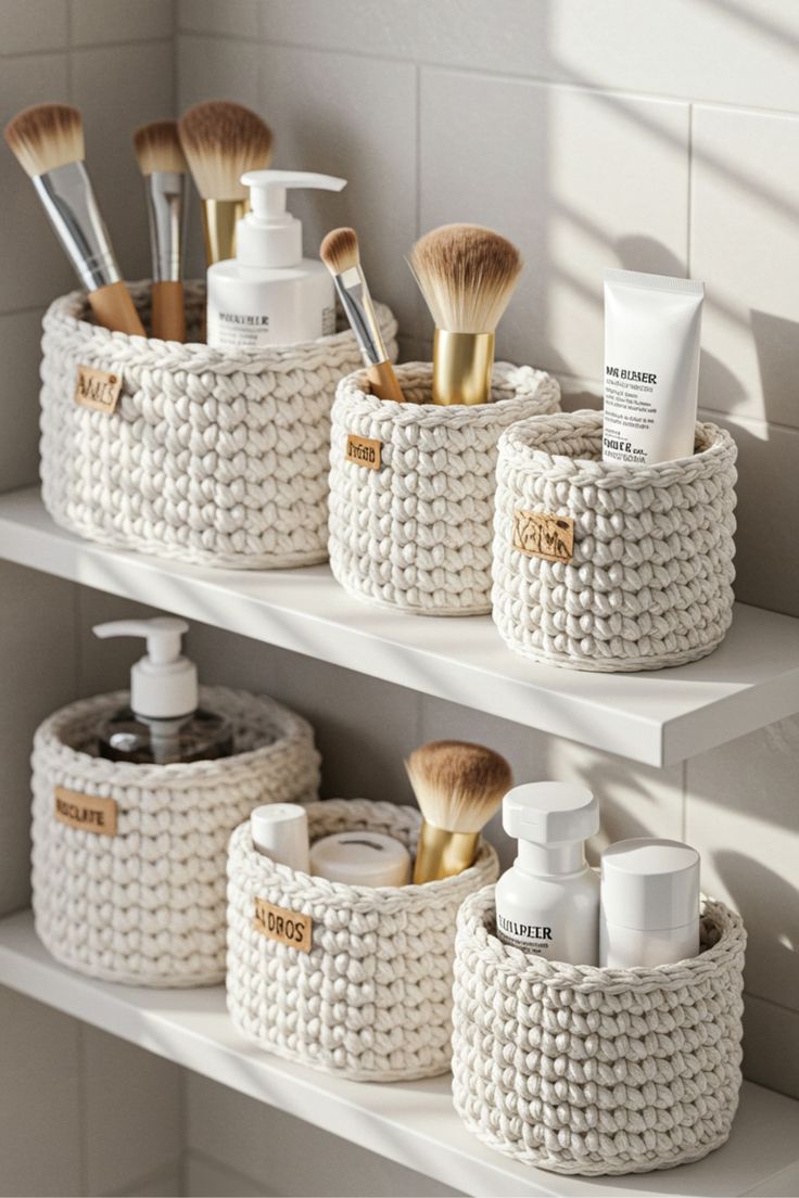 Witte gehaakte mandjes in badkamer setting