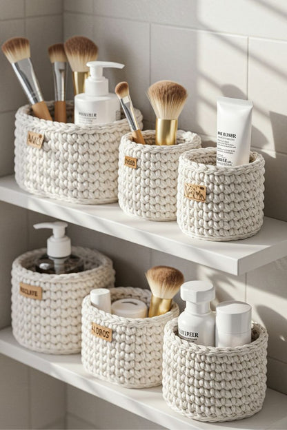 Witte gehaakte mandjes in badkamer setting